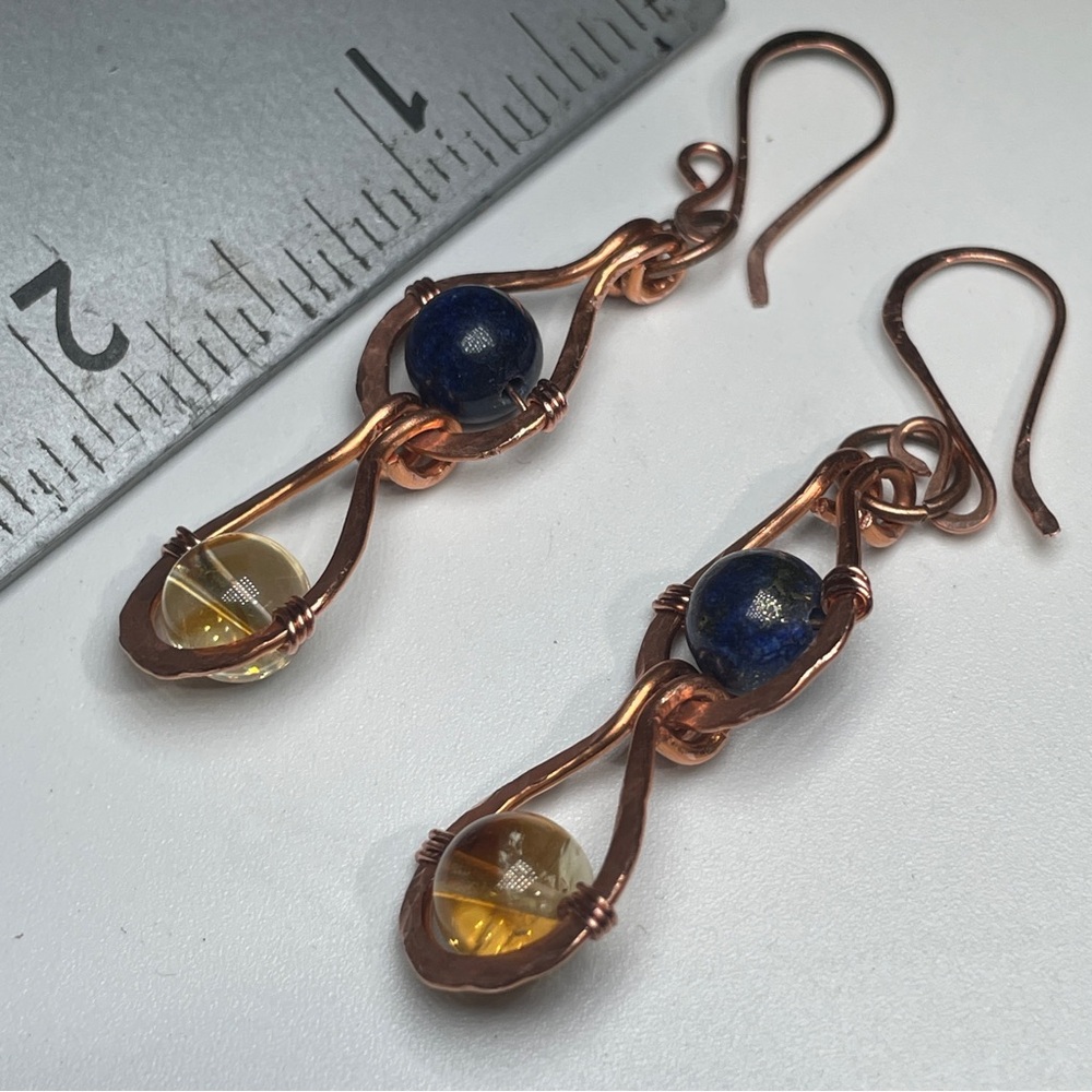 Citrine And and Blue Lapiz Lazuli Gemstone Copper Boho Artisan Earrings - Picture 8 of 11